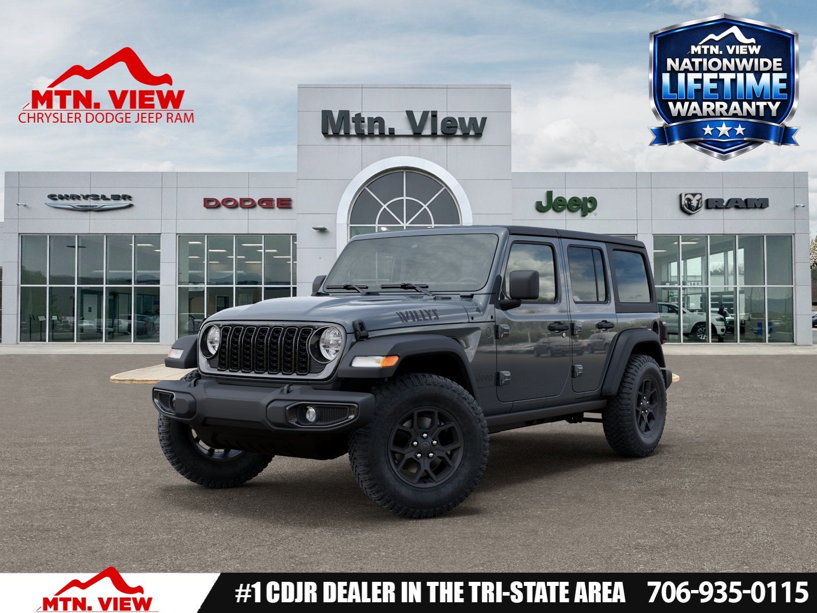 2026 Jeep Wrangler Willys in Anvil Clear-Coat Exterior Paint — front three-quarter view