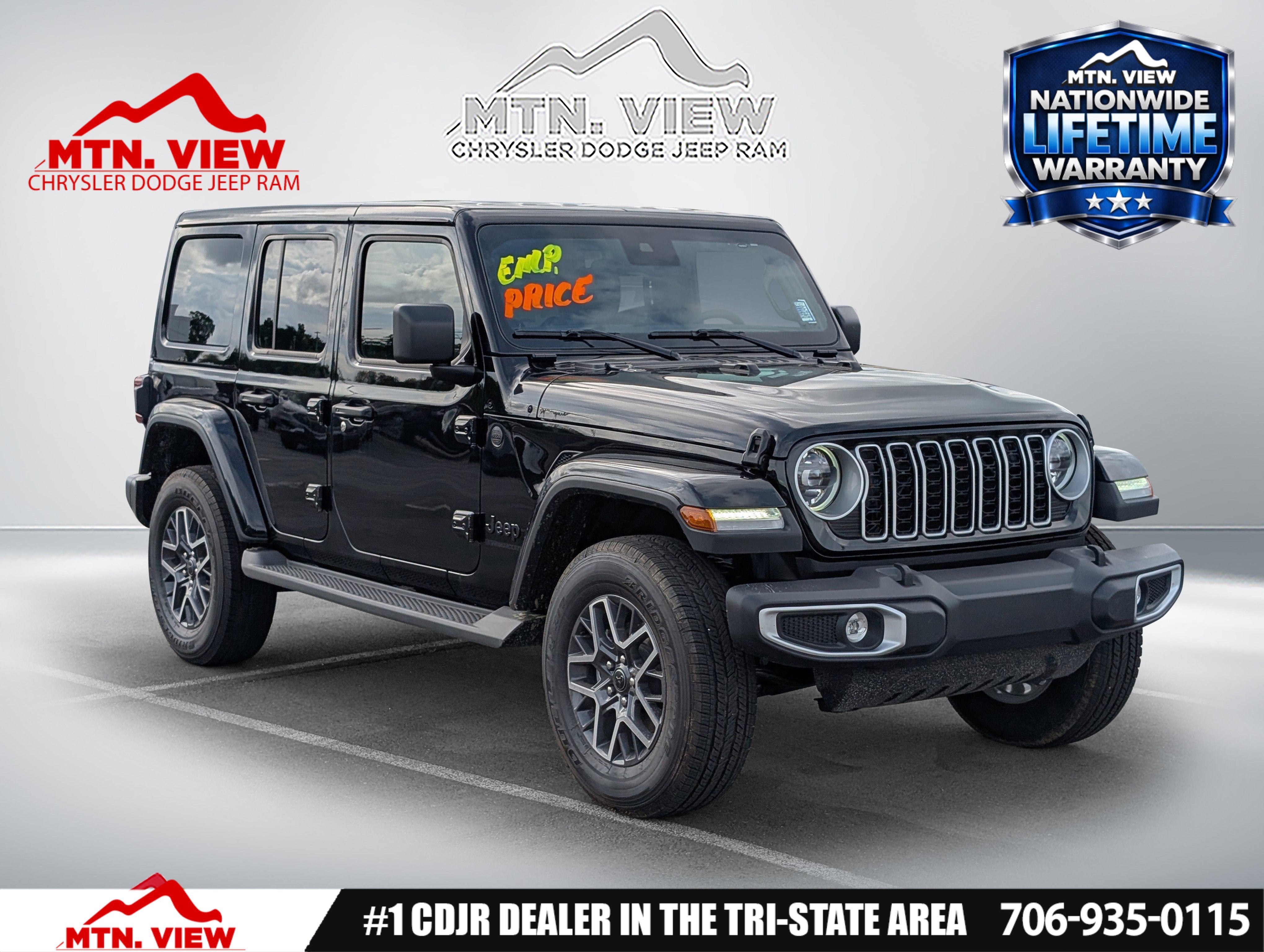 2025 Jeep Wrangler Sahara in Black Clear-Coat Exterior Paint — front three-quarter view