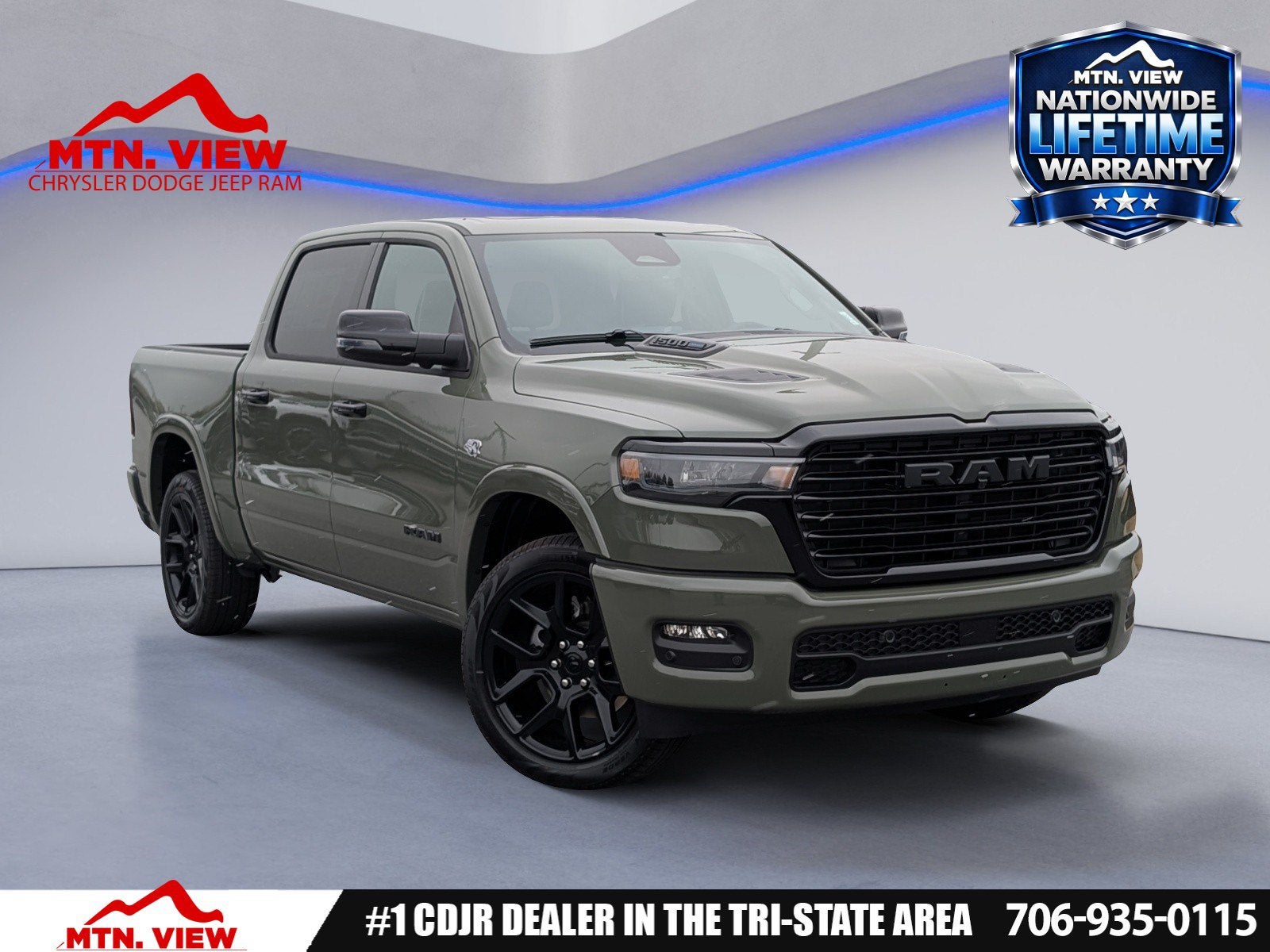 2026 RAM 1500 Laramie in Canyon Lake Exterior Paint — front three-quarter view