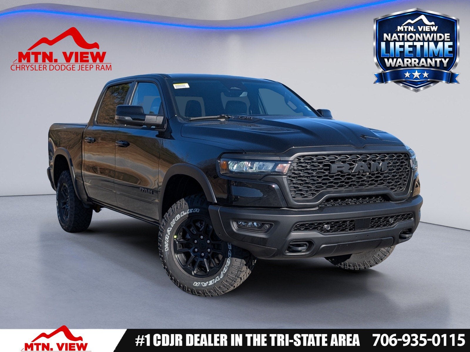 2026 RAM 1500 Rebel in Diamond Black Crystal Pearl-Coat Exterior Paint — front three-quarter view