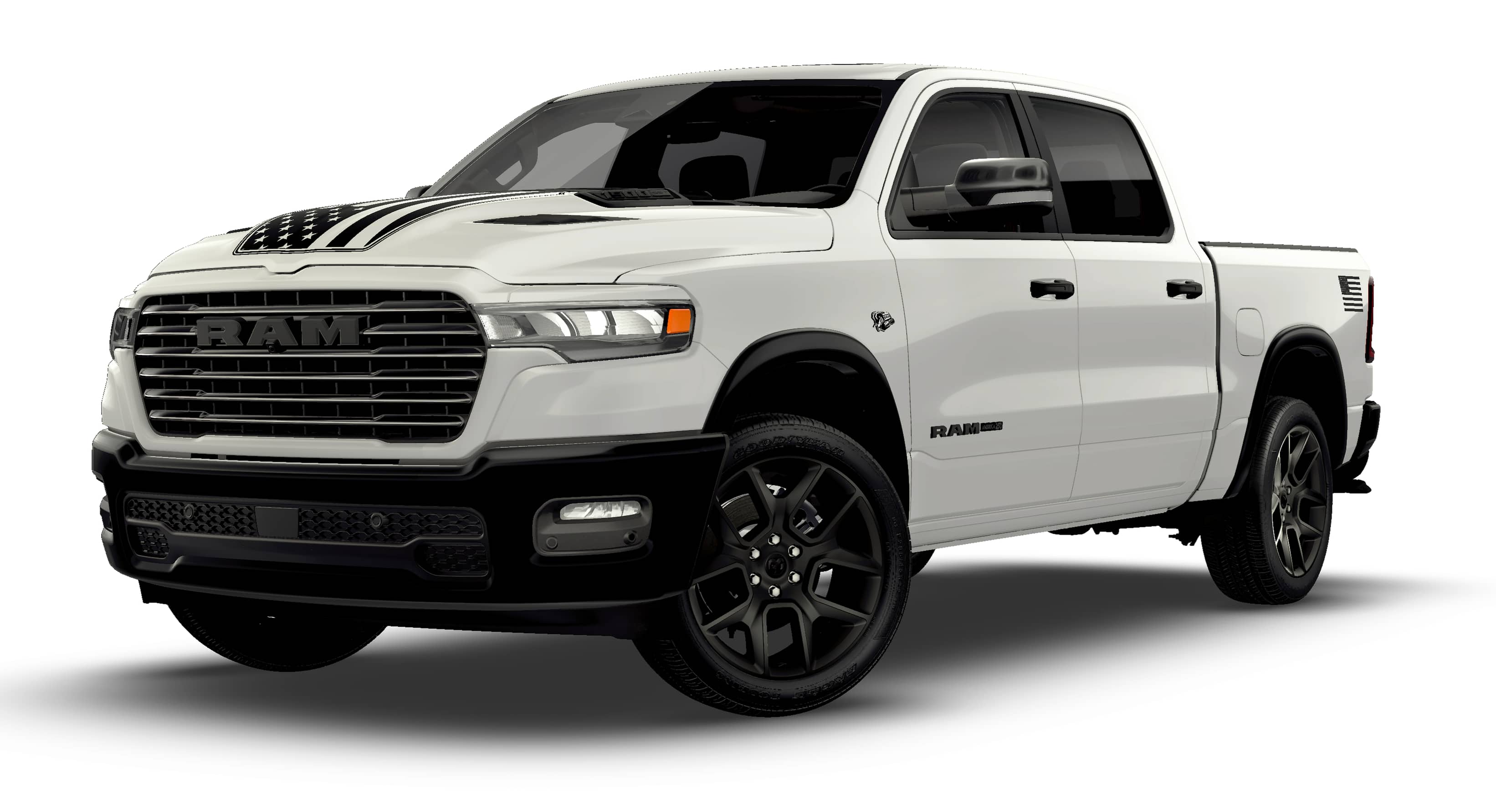 2026 RAM 1500 RAM 1500 LARAMIE CREW CAB 4X4 5'7' BOX in Bright White Clear-Coat Exterior Paint — front three-quarter view